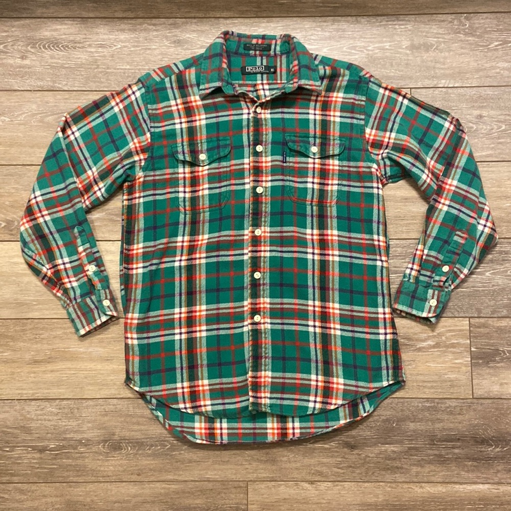VINTAGE POLO BY RALPH LAUREN BUTTON UP PLAID FLANNEL GREEN SIZE XL